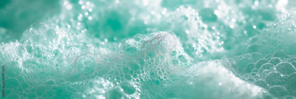 Close-up of bubbles in a teal-colored liquid, highlighting the intricate details and patterns formed by the foam. Close-up of bubbles in a teal-colored liquid, highlighting the intricate details and patterns formed by the foam.