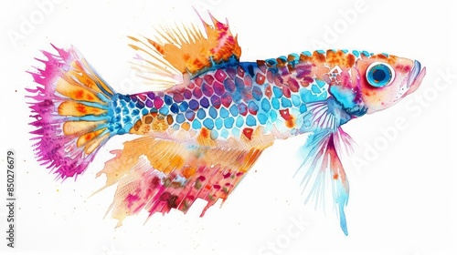 A colorful molly fish painted in watercolor on a white background photo