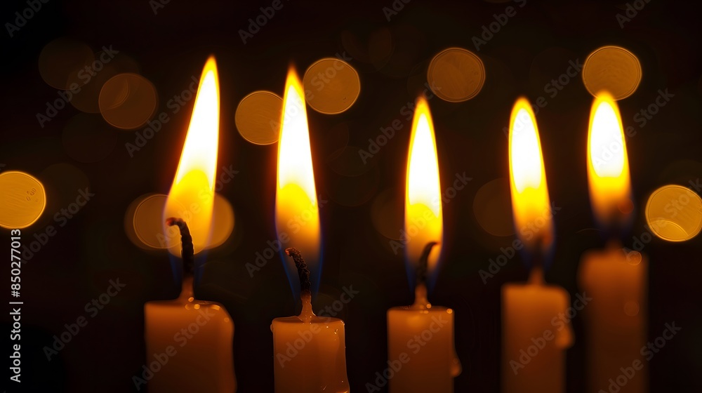 Hanukkah menorah with candles on table against blurred lights.
Hanukkah menorah with candles on table against blurred lights.
