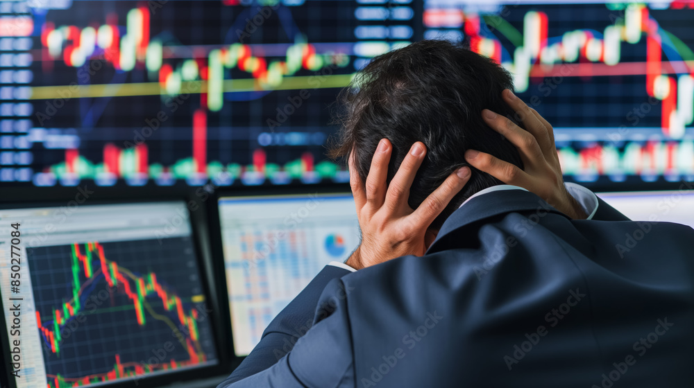 Stressed stock trader clutches his head, surrounded by multiple computer screens displaying volatile market data and stock charts. Stressed stock trader clutches his head, surrounded by multiple computer screens displaying volatile market data and stock charts.