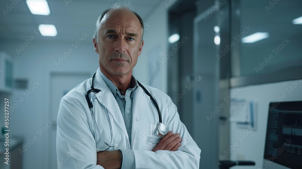 Dedicated mature male doctor with stethoscope wearing white coat standing while crossing arms in modern hospital Dedicated mature male doctor with stethoscope wearing white coat standing while crossing arms in modern hospital