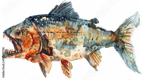 A detailed watercolor clipart of a piranha with sharp teeth on a white background photo