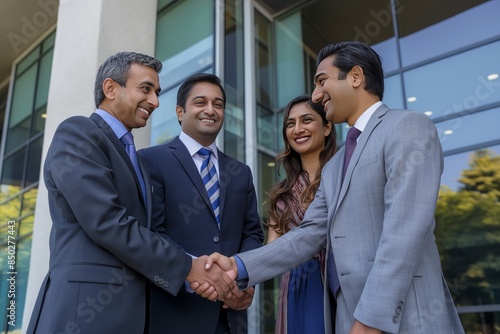 Indian Business Professionals Shaking Hands Outside Modern Office Building