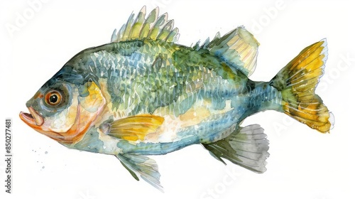 A friendly bream fish in gentle watercolor tones on a white background