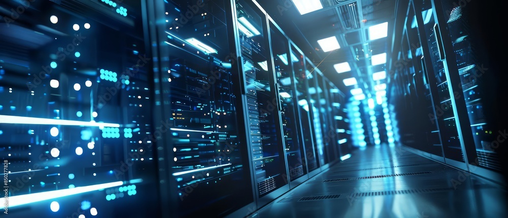 Fototapeta premium A futuristic data center features hightech servers with quantum computing capabilities, dramatically increasing processing speed and efficiency