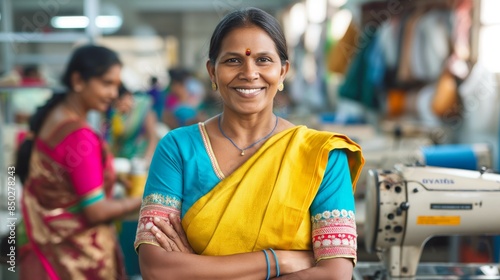 Smiling Indian Woman in Traditional Saree Leading a Textile Workshop with Confidence