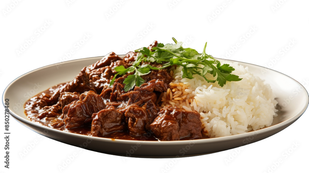 Close Up of Beef Stew With White Rice and Parsley Garnishing Close Up of Beef Stew With White Rice and Parsley Garnishing