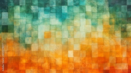 Fototapeta Naklejka Na Ścianę i Meble -  Orange, green color abstract glass square mosaic in grunge style mirror wall texture background banner panorama