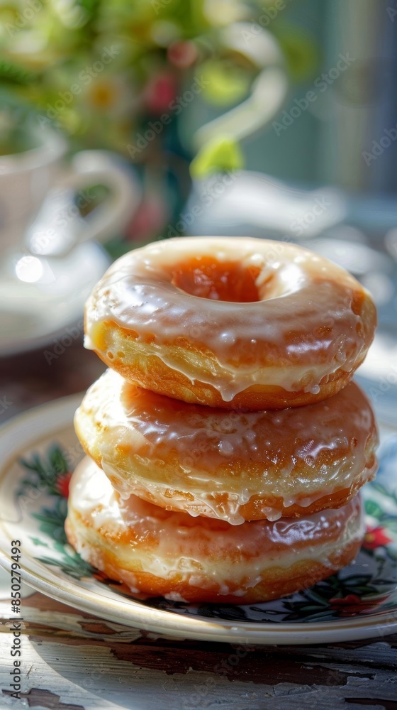 Glazed donuts stacked on a platter Glazed donuts stacked on a platter