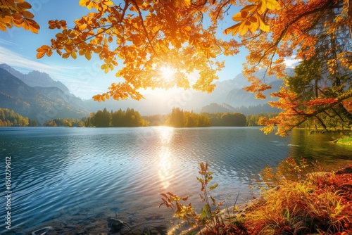 Fototapeta Naklejka Na Ścianę i Meble -  Breathtaking autumn sunset over hintersee lake on a sunny day, creating a stunning natural spectacle