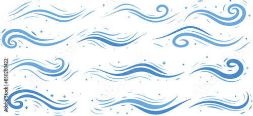 Wind Air Flow Elements Flowing Arrow Air Flow Direction, Doodle wind line sketch set. Hand drawn doodle wind motion, smoke flow art, abstract line Vector illustration