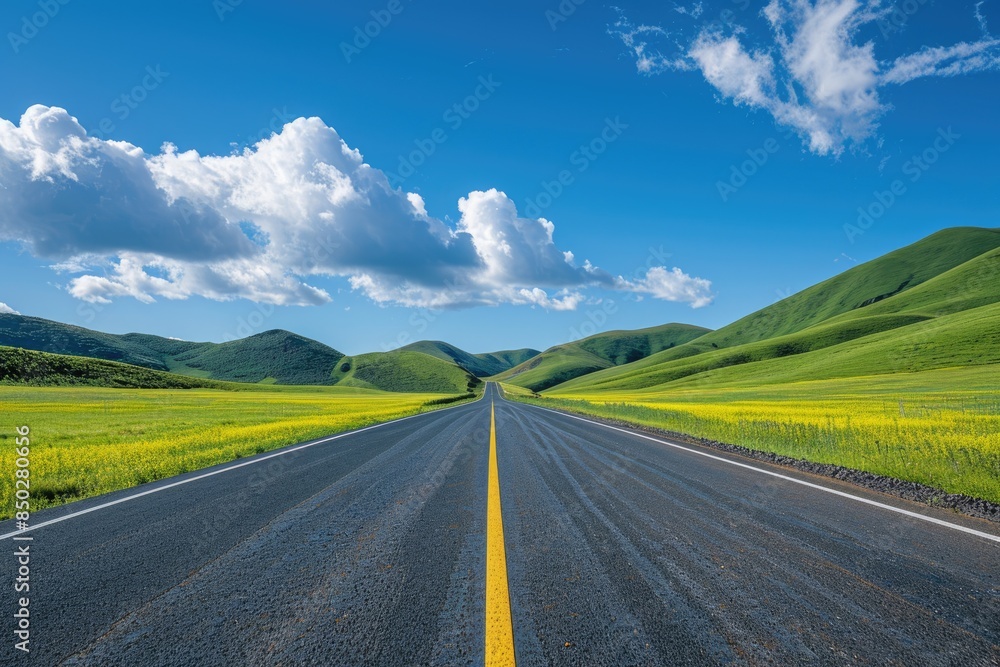 The asphalt road leading to the distance on the grassland The asphalt road leading to the distance on the grassland