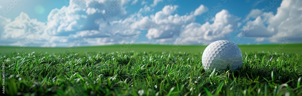 Obraz premium Golf ball in the photo on a stretch of green grass with a clear sky