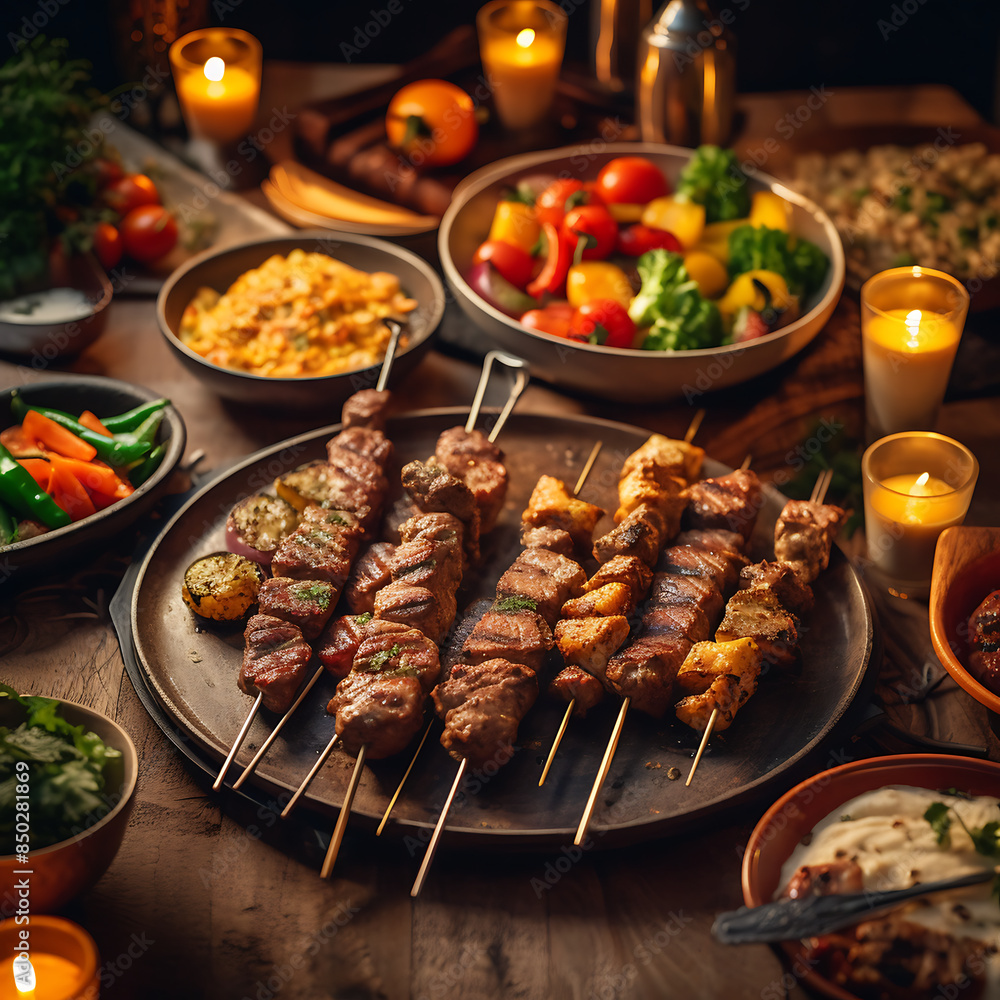 Grilled kebab with vegetables on skewers on a wooden table