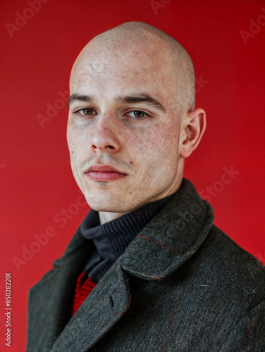 Bald young man with a bright personality. Stylish bald-headed person on red background photo