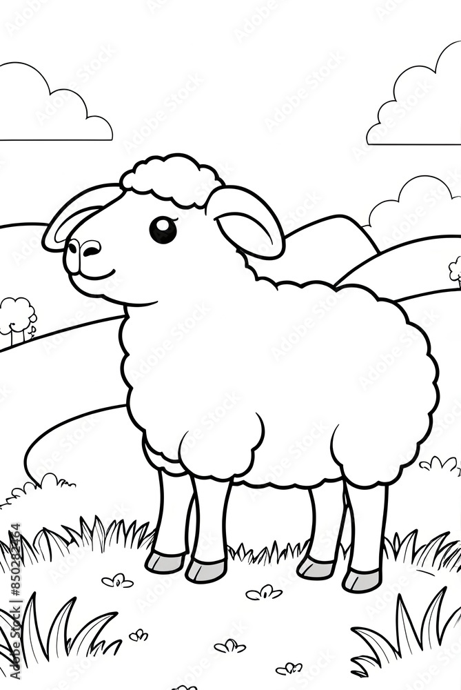 A sheep on grassy field, hill Kids/adults coloring page book, black and white art, A sheep on grassy field, hill Kids/adults coloring page book, black and white art,