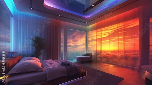 A conceptual bedroom with walls that change color based on time of day, an aromatherapy HVAC system, and a ceiling that simulates sunrise and sunset. © Mansoor