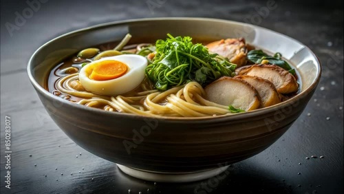 A delectable image of traditional Japanese ramen noodles, served with slices of roasted pork and a soft-boiled egg