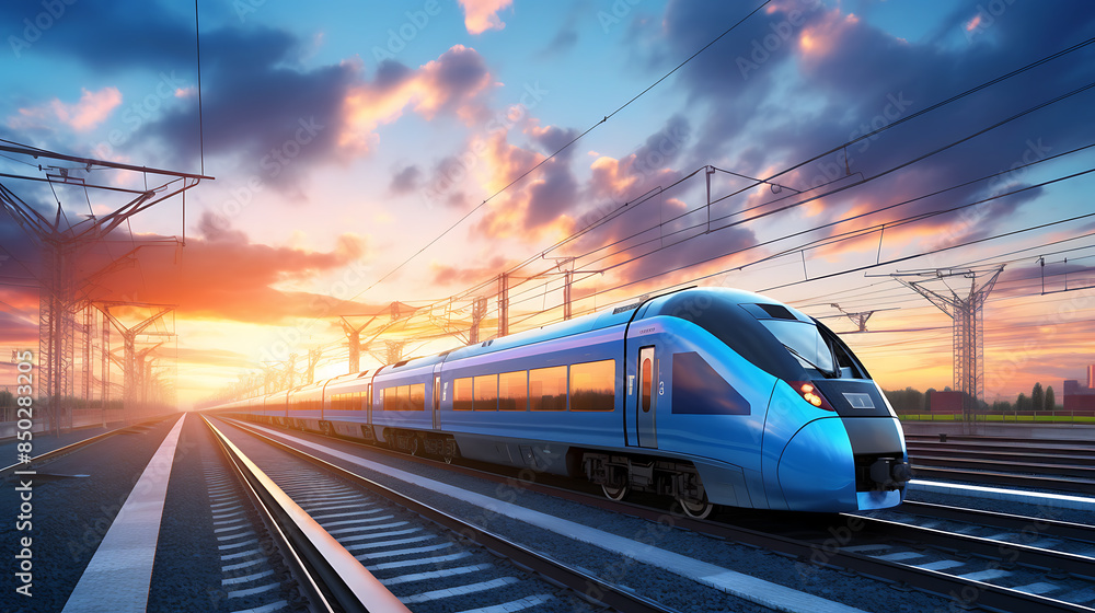 Fototapeta premium Modern high-speed train on the background of beautiful sunset sky.