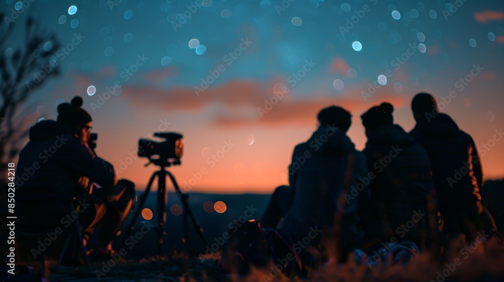 Fototapeta premium Unfocused view of a huddle of stargazers and their equipment.