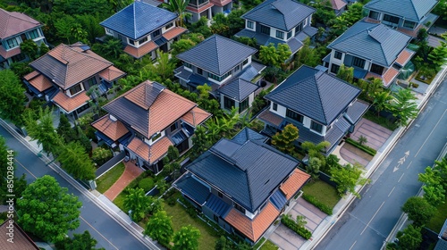 Aerial top view over modern suburb housing estate project neighborhood, Thailand. Housing construction business. AI generated © Haica