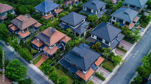 Aerial top view over modern suburb housing estate project neighborhood, Thailand. Housing construction business. AI generated