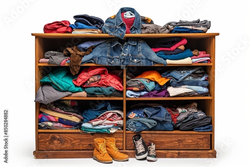 Messy wooden wardrobe filled with assorted colorful clothes and shoes, showcasing disorganization and clutter in a home setting.