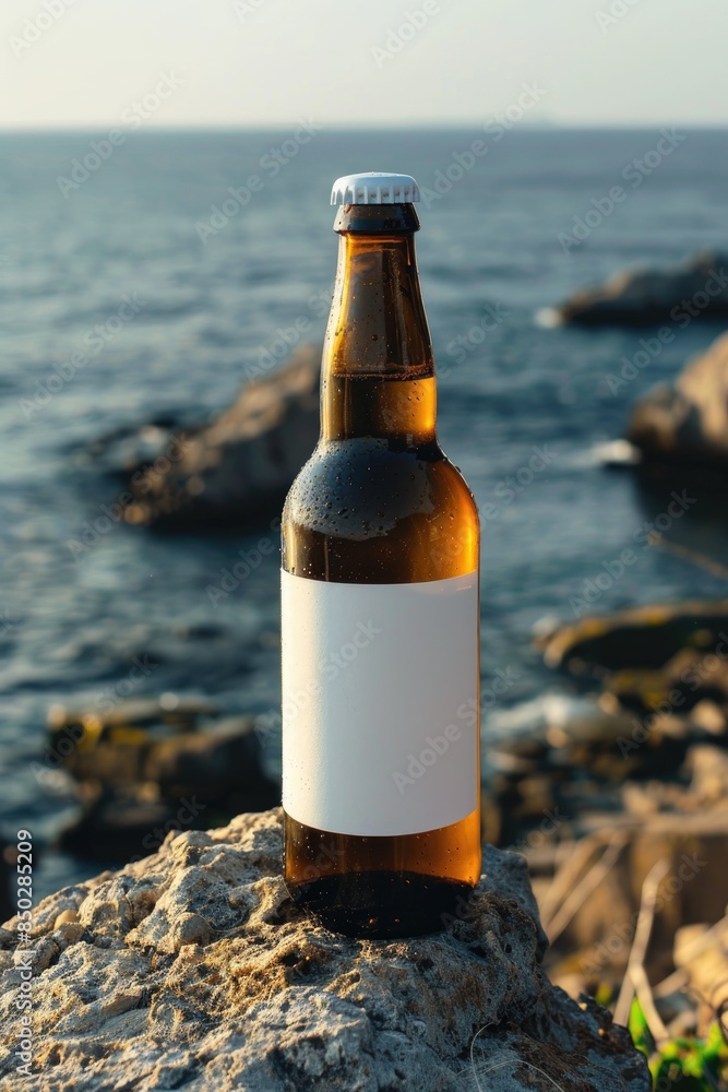 Serene Beachside With Single Beer Bottle on Rocky Shore Serene Beachside With Single Beer Bottle on Rocky Shore