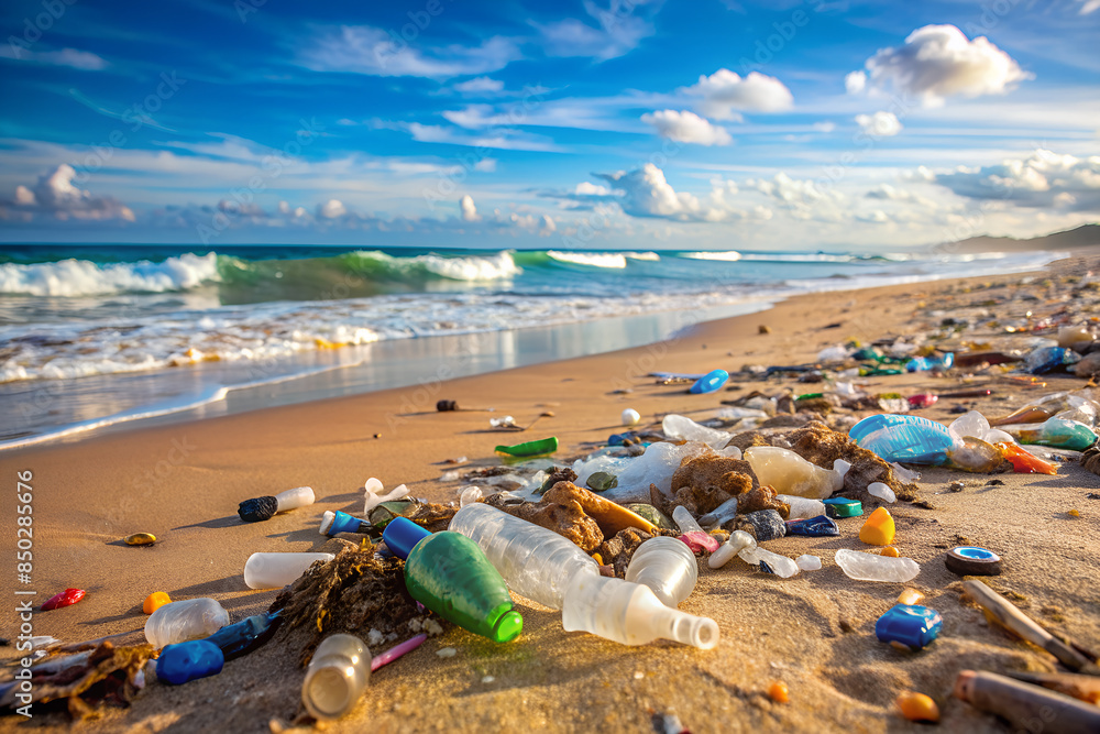 Contamination of an ocean beach with plastic waste Contamination of an ocean beach with plastic waste