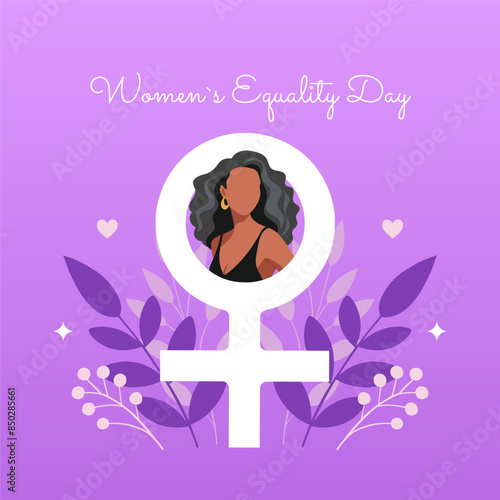 Square banner Women's Equality Day. Beautiful afro, dark skinned girl in the sign of Venus. Purple background