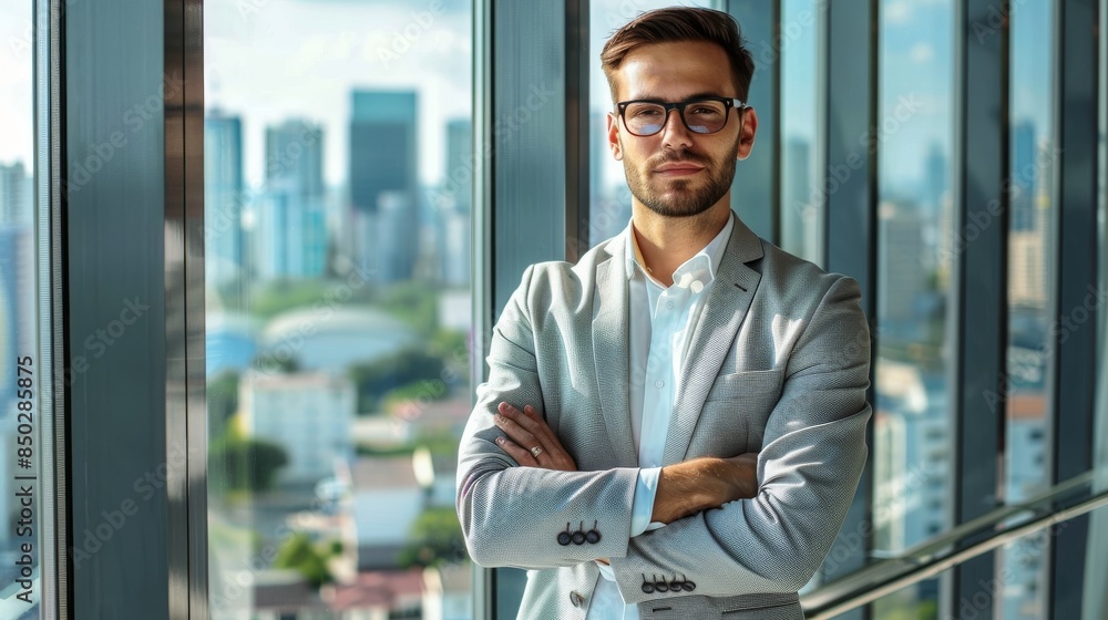 Fototapeta premium Confident Businessman Ready to Conquer Challenges in Urban Setting