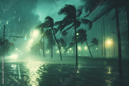 Massive waves crashing against the shoreline during a tropical storm, with palm trees bending in the powerful wind, showcasing the fierce and dramatic impact of severe weather on coastal regions