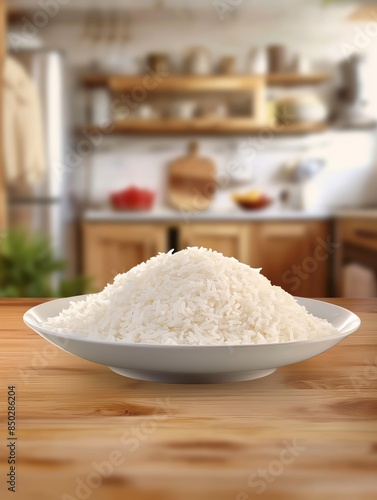 A plate of fluffy white rice on a wooden table in a cozy kitchen setting with blurred background.