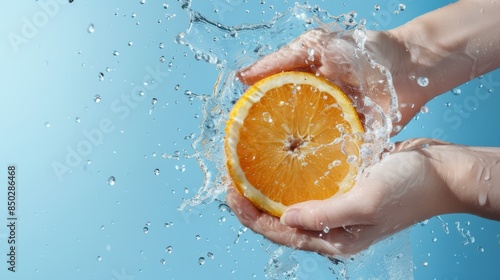 On studio blue background, orange, lady hands and water splash for beauty, vitamin C detox, natural skincare, healthy cosmetics, and bodily wellbeing. Close-up of clean, wet photo