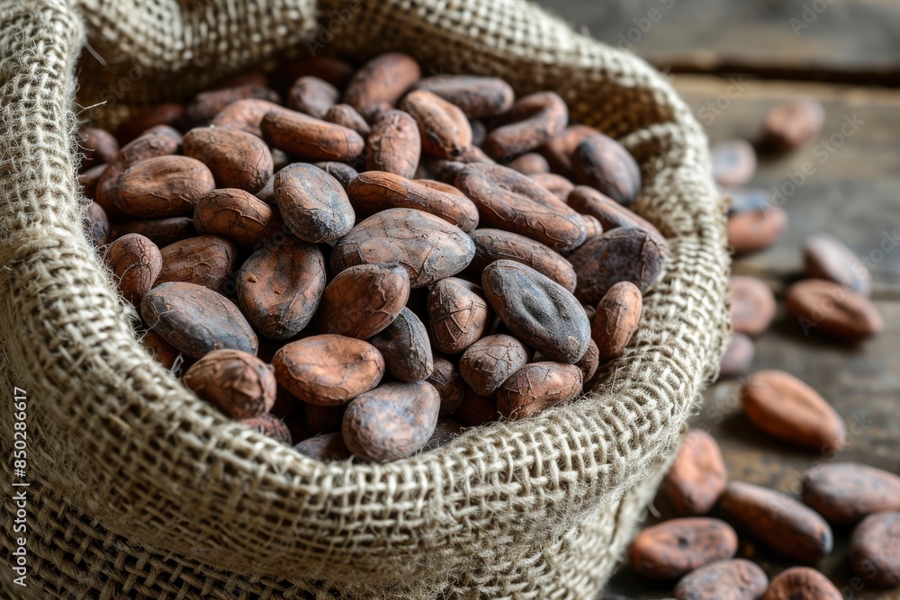 cocoa beans in a cloth sack. generative ai cocoa beans in a cloth sack. generative ai