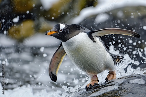 Gentoo penguin in action by the water