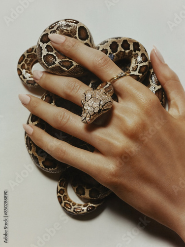 A woman's hand with a beautiful manicure and painted nails holds a snake on a white background. Hand with a snake in beauty editorial style photo