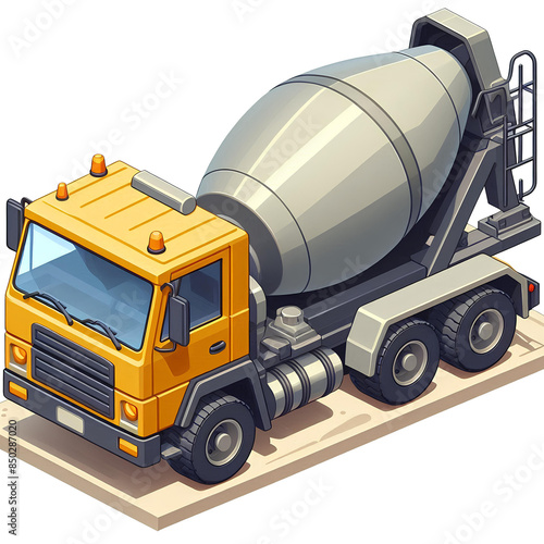 yellow Concrete Mixer Truck isometric view in cartoon style photo