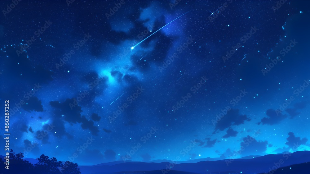 Naklejka premium Meteor Shower Comet Shooting Star Starry Night Japanese Anime Style Poster Wallpaper