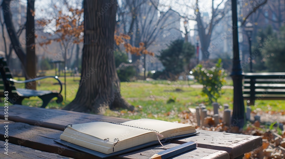 Notebook, Open on park bench, Pencil, Sketchbook, Peaceful urban park, Sounds of nature, Distant city life, park, nature, tree, wood, train, landscape Notebook, Open on park bench, Pencil, Sketchbook, Peaceful urban park, Sounds of nature, Distant city life, park, nature, tree, wood, train, landscape