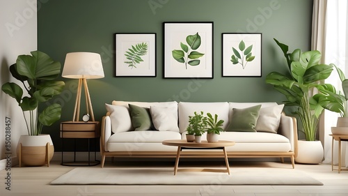 The interior design of a warm and inviting living room features a mock-up poster frame, a wooden sideboard, a white sofa, a green stand, a base with leaves and plants, and an elegant lamp. AI-Powered 
