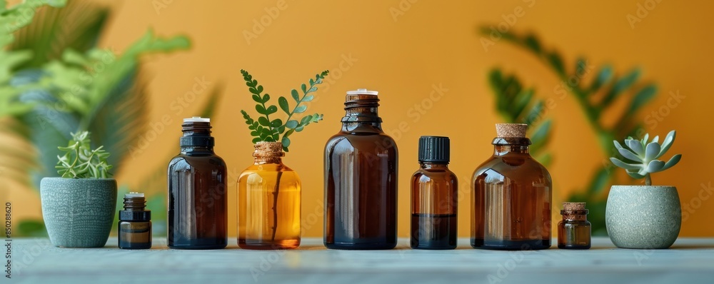 Essential oils stored in dark glass bottles amidst fragrant herbs and colorful flowers Essential oils stored in dark glass bottles amidst fragrant herbs and colorful flowers