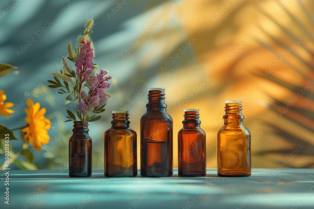 Dark glass containers holding liquid, alongside bottles for essential oils Dark glass containers holding liquid, alongside bottles for essential oils