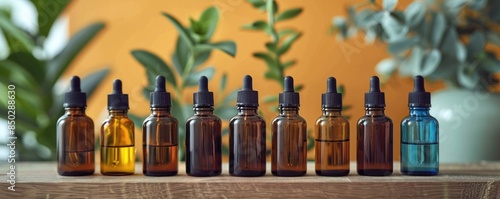 Wallpaper Mural Dark glass bottles containing essential oils, surrounded by aromatic herbs and flowers Torontodigital.ca