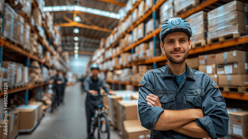 At an online delivery service warehouse, workers meticulously prepare orders for shipment, ensuring prompt delivery using bicycles that offer sustainable transport solutions for urban deliveries.