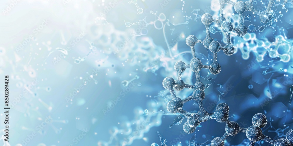 A background with a light blue color scheme and white DNA strands, overlaid with chemical formulae for amino acids. Isolated on a pastel background in the style of an AI's internal biology A background with a light blue color scheme and white DNA strands, overlaid with chemical formulae for amino acids. Isolated on a pastel background in the style of an AI's internal biology