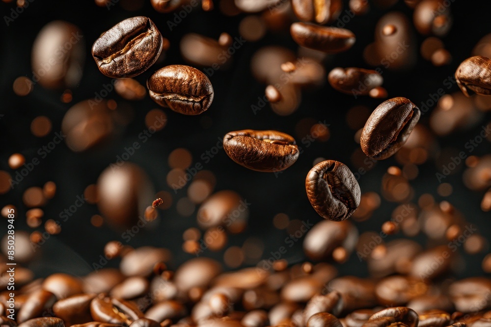 Falling coffee beans on a dark background, featuring a close-up view with ample copy space to highlight the beans' movement and texture Falling coffee beans on a dark background, featuring a close-up view with ample copy space to highlight the beans' movement and texture