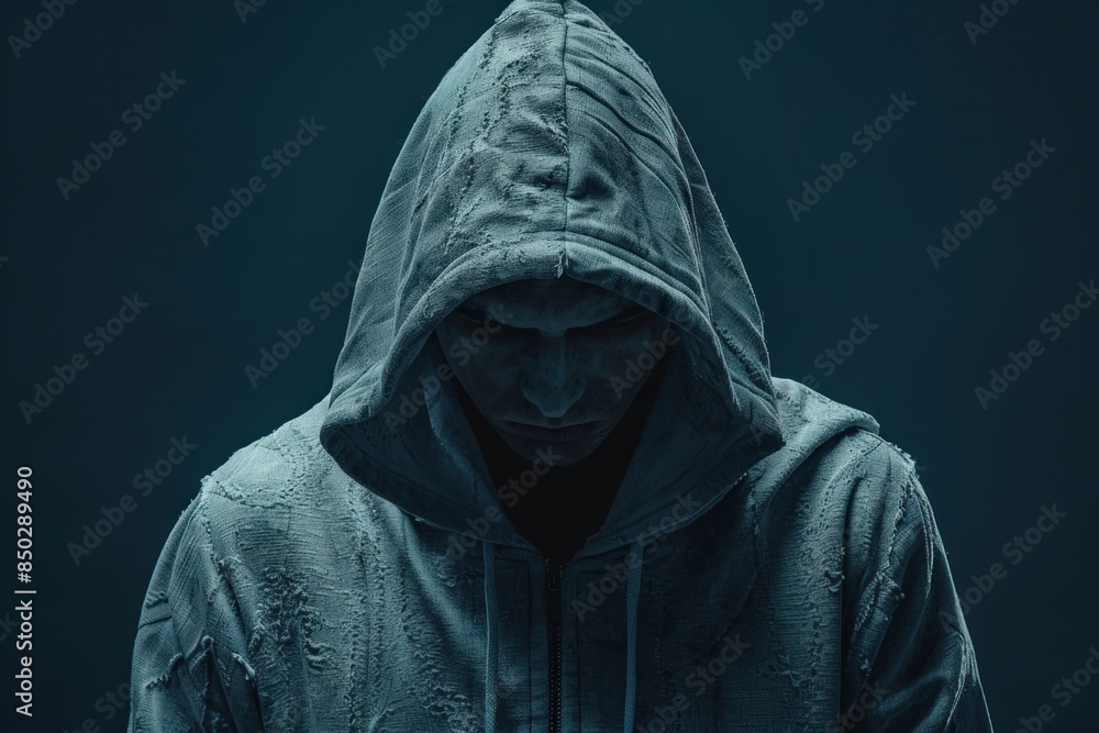 Faceless man in hoodie standing isolated on black, concept of hacker, thief, dark demon, mysterious creature, Halloween character, secret Faceless man in hoodie standing isolated on black, concept of hacker, thief, dark demon, mysterious creature, Halloween character, secret