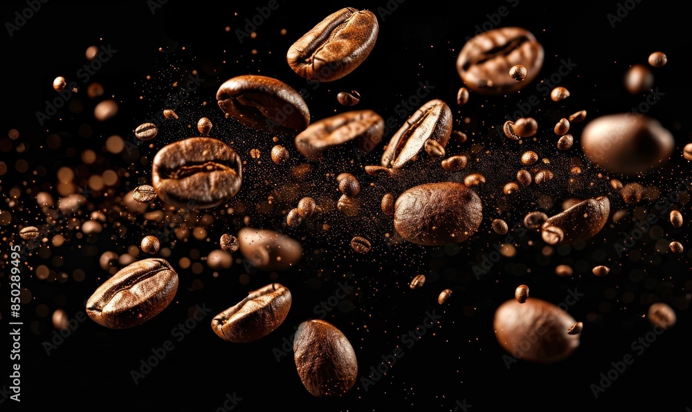 Dark background with falling coffee beans in close-up, emphasizing the motion and texture of the beans with copy space for text Dark background with falling coffee beans in close-up, emphasizing the motion and texture of the beans with copy space for text