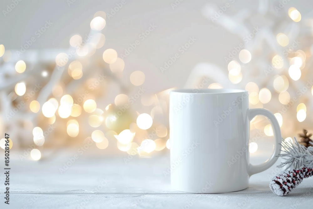 Festive Holiday Mug Surrounded by Christmas Decorations and Warm Lights Festive Holiday Mug Surrounded by Christmas Decorations and Warm Lights